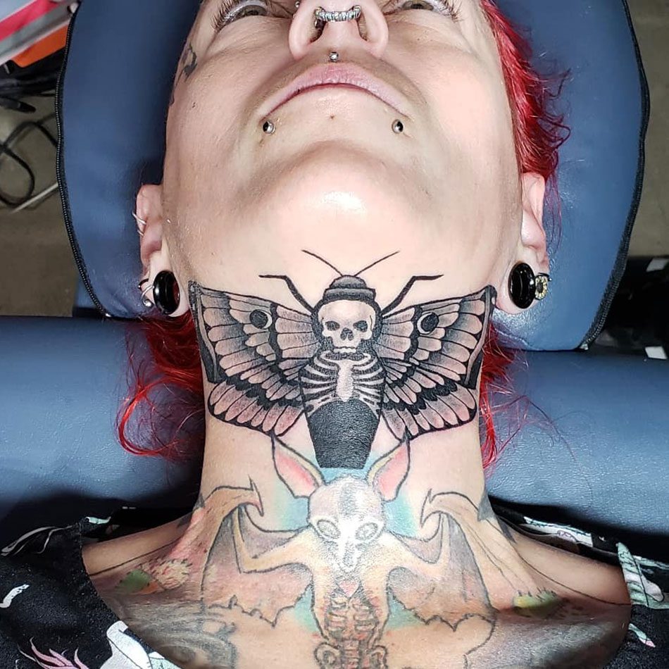 Back Neck Moth Color Ink Tattoo