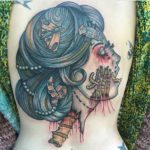 traditional zombie lady head tattoo by Cari Fox